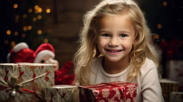 Une petite fille tient une boîte à cadeaux avec un cadeau de Noël ou de Nouvel An
