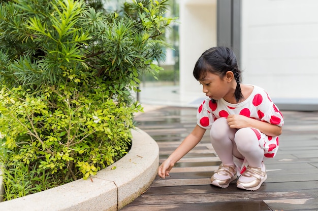 Une petite fille tient une branche d'arbre pour observer un insecte.