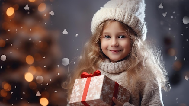 Photo une petite fille tient un cadeau de noël dans ses mains