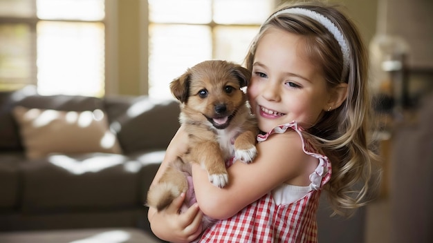 Une petite fille tient un chiot dans ses bras.