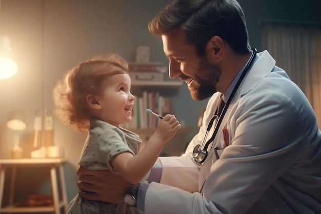 une petite fille tient une cuillère avec un médecin.