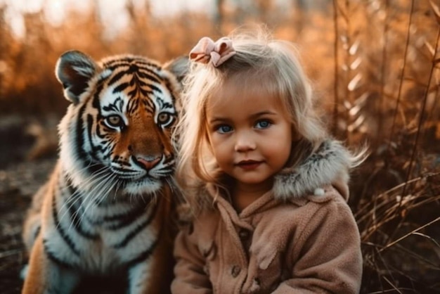 Une petite fille avec un tigre sur ses genoux