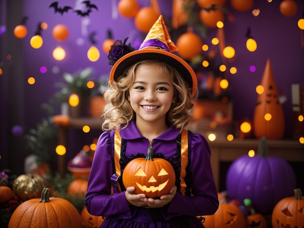 Petite fille sur un tour ou une friandise d'Halloween