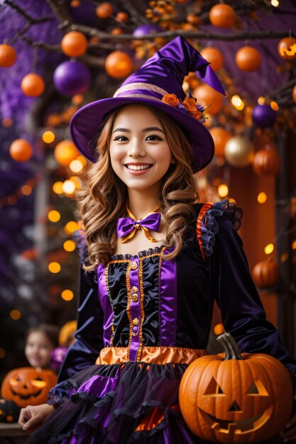 Petite fille sur un tour ou une friandise d'Halloween