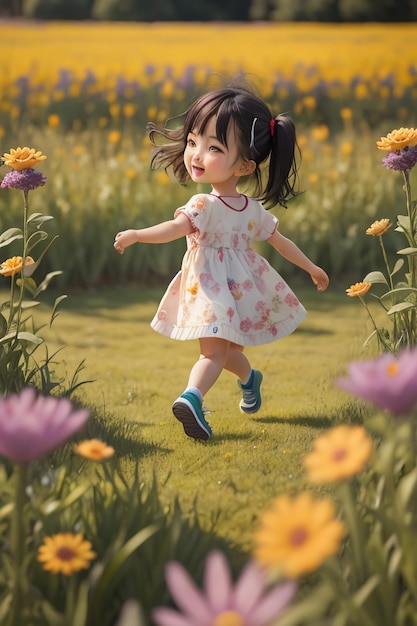 Une petite fille traverse un champ de fleurs.