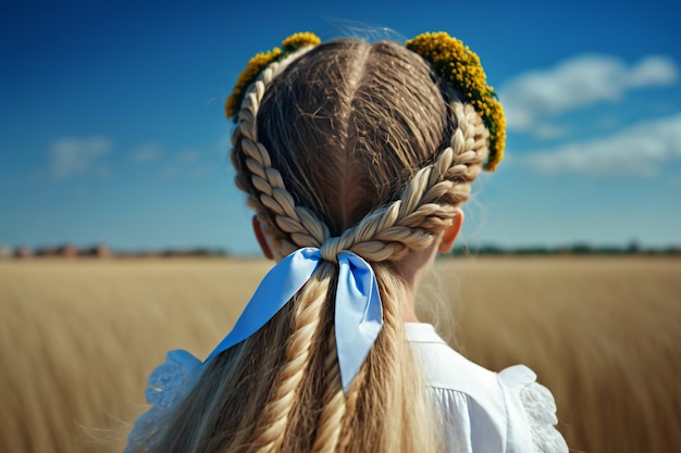 Petite fille avec une tresse tressée de rubans bleu-jaune symbole de l'ukraine Generative AI