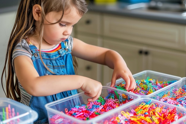 Photo une petite fille triant des pinces à papier colorées dans des récipients