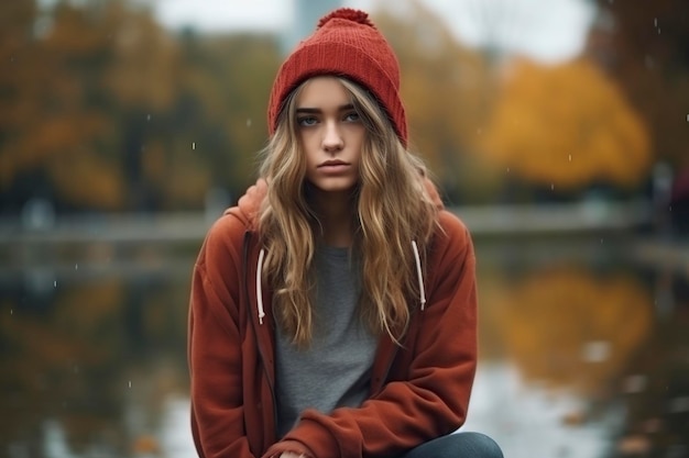 une petite fille triste à l'extérieur par un temps d'automne pluvieux