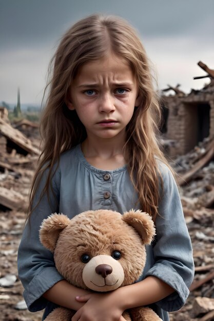 Une petite fille triste tenant un ours en peluche dans les ruines d'une maison détruite