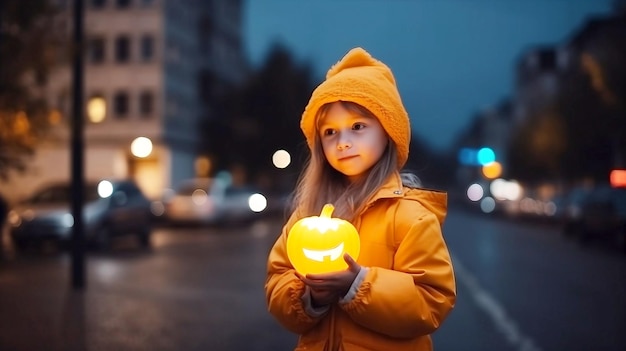 Petite fille avec un truc d'halloween ou un panier de friandises perdu seul dans la rue ai généré