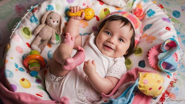 Photo une petite fille avec des trucs de bébé.