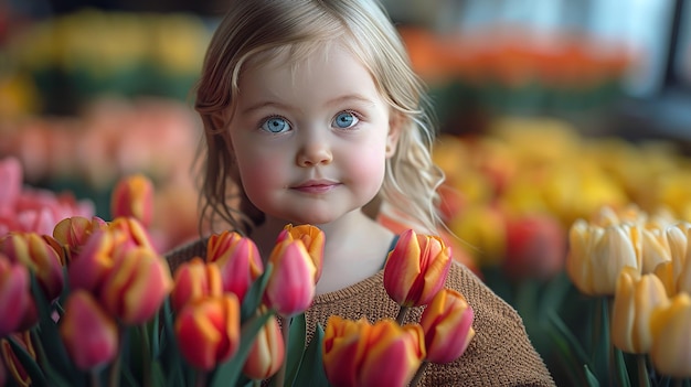 Une petite fille avec des tulipes.