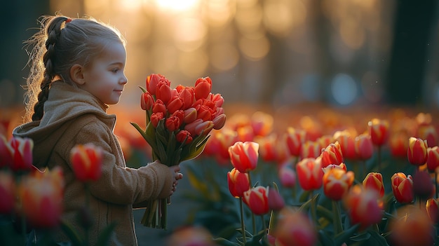 Une petite fille avec des tulipes.