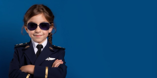 Une petite fille en uniforme de pilote se tient devant un fond bleu