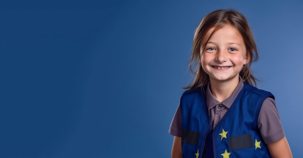 Une petite fille en uniforme de police se tient devant un fond bleu