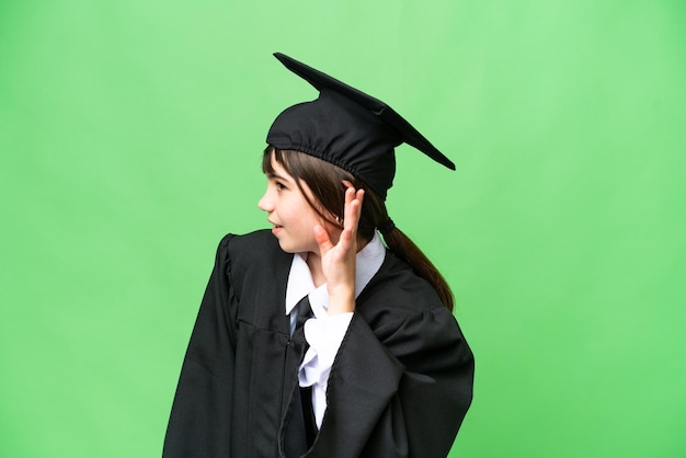 Petite fille universitaire sur fond isolé écoutant quelque chose en mettant la main sur l'oreille