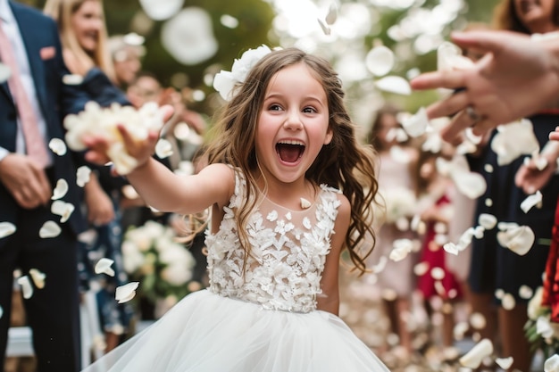 Une petite fille vêtue d'une robe blanche se tient au milieu d'une mer de confettis colorés une fille de fleurs excitée éparpillant des pétales dans l'allée générée par l'IA