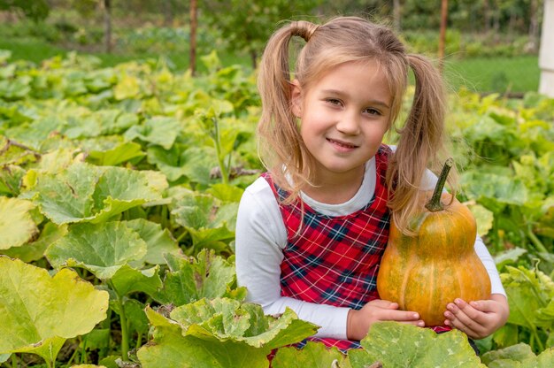 Petite fille vêtue d'une robe de flanelle et tenant une citrouille alors qu'elle était assise dans un champ agricole