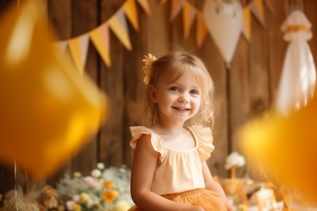 Une petite fille vêtue d'une robe jaune se tient devant une bannière qui dit "joyeux anniversaire"