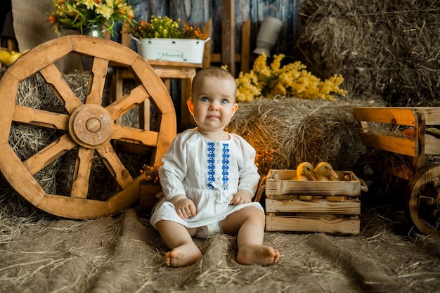Petite fille vêtue d'une robe en lin blanc avec broderie est assise sur de la paille contre la surface d'une botte de foin. Décoration de Pâques