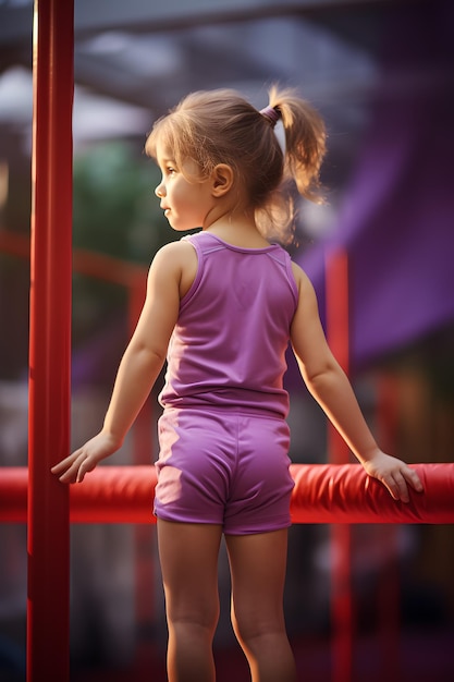 une petite fille en violet se tient sur un poteau rouge.