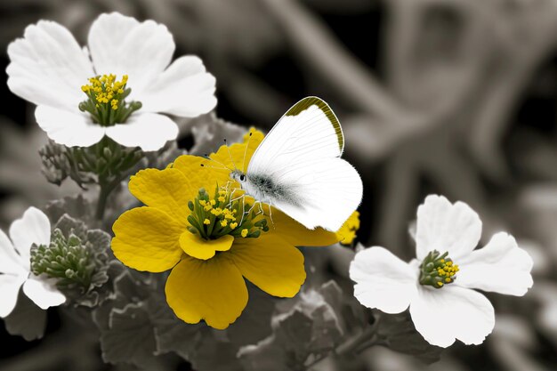 Petite fleur blanche dans le jardin avec pétales jaunes et petit papillon