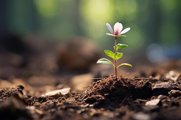 une petite fleur blanche pousse hors du sol au milieu d'une forêt