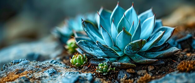Photo une petite fleur bleue est entourée de plantes vertes.