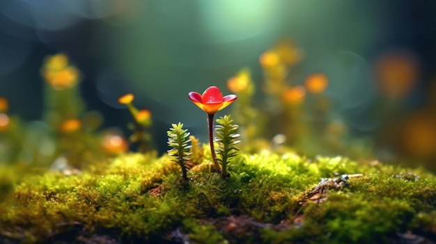 Une petite fleur dans une forêt moussue