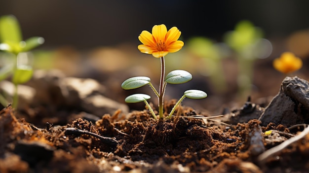 une petite fleur jaune pousse hors du sol