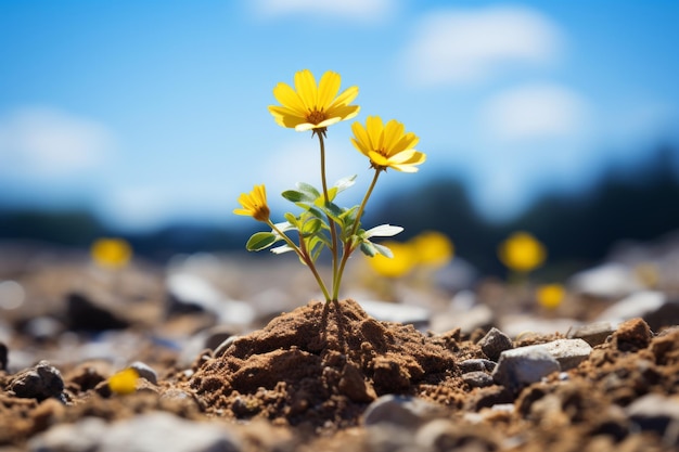 une petite fleur jaune pousse hors du sol