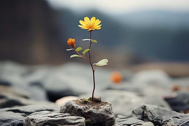 une petite fleur jaune pousse sur un rocher