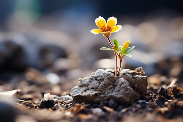 une petite fleur jaune pousse sur un rocher