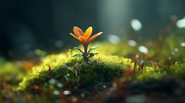 Une petite fleur orange pousse dans la mousse.