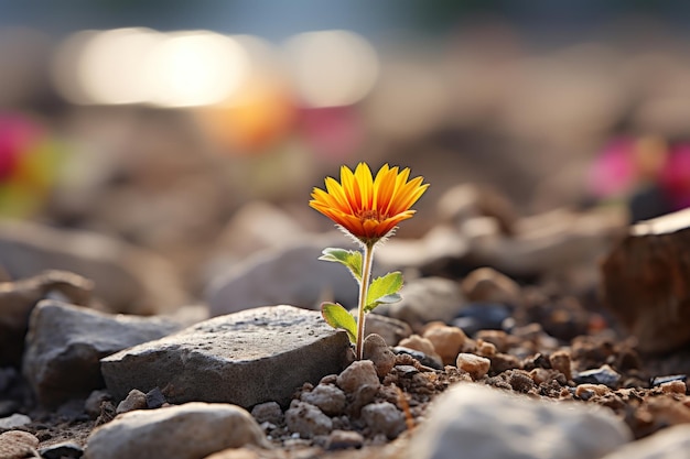 une petite fleur orange pousse hors du sol