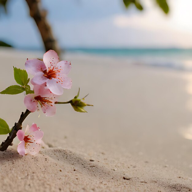 une petite fleur rose pousse dans le sable d'une plage
