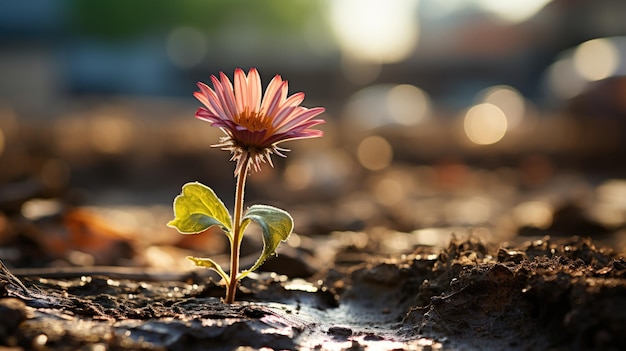 Photo une petite fleur rose qui pousse du sol.