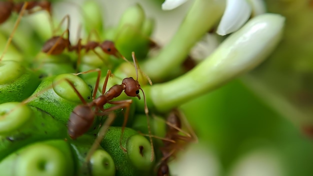 La petite fourmi de feu rouge se nourrit des feuilles du fruit de noni avec une mise au point sélective Macro couvre beaucoup de fourmis de feu ou de fourmis rouges sur les feuilles avec éclairage