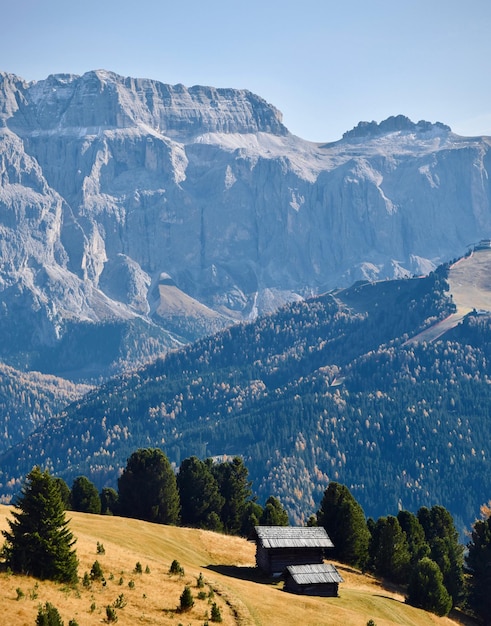 Une petite grange en bois se trouve dans un champ avec des montagnes en arrière-plan.