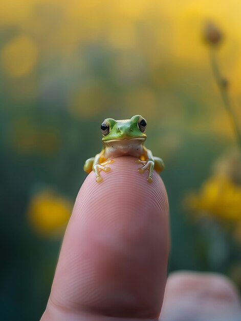 Une petite grenouille sur un doigt humain