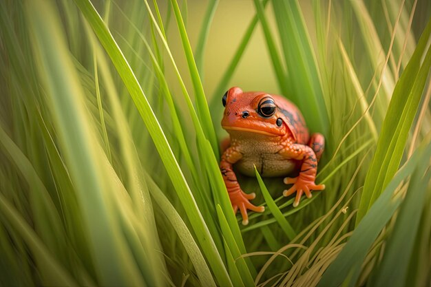 Petite grenouille rouge dans l'herbe parmi les brins d'herbe verts créés avec l'IA générative