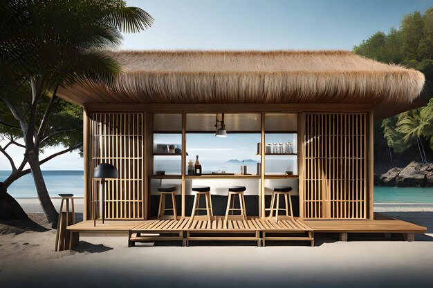 Photo une petite hutte avec un toit de chaume et un palmier en arrière-plan.