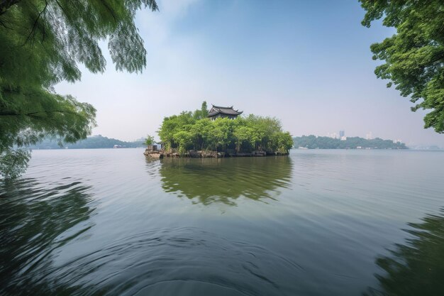 Photo une petite île au milieu d'un lac