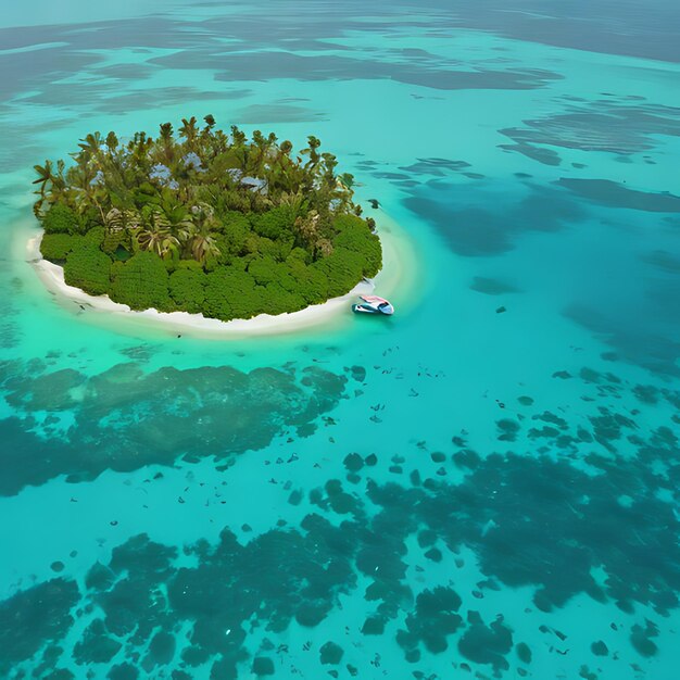 Photo une petite île avec un bateau dans l'eau et une petite île au milieu.