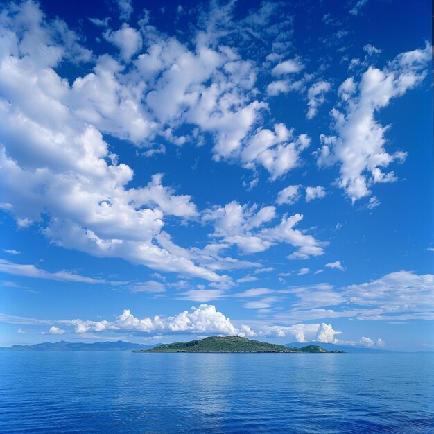 une petite île avec un ciel bleu et des nuages en arrière-plan