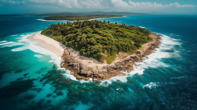 Une petite île dans l'océan avec un océan bleu en arrière-plan.