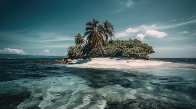 Une petite île dans l'océan avec des palmiers au premier plan.