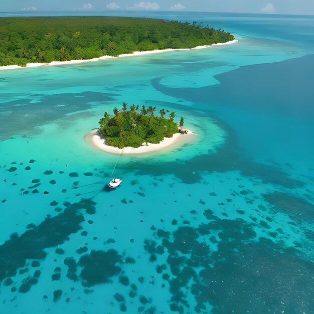 Une petite île avec une petite île entourée d'arbres et une petite îles avec une petite Île au milieu.