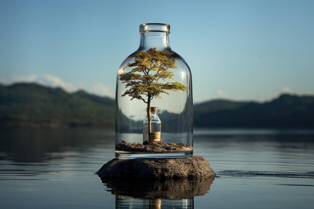 Photo une petite île avec un seul arbre flottant dans une bouteille de verre