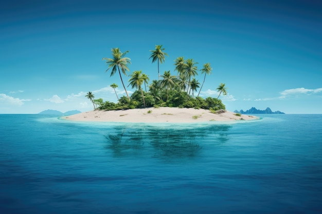 Petite île tropicale avec palmiers au milieu d'un océan à la lumière du jour Paradis et horizon marin